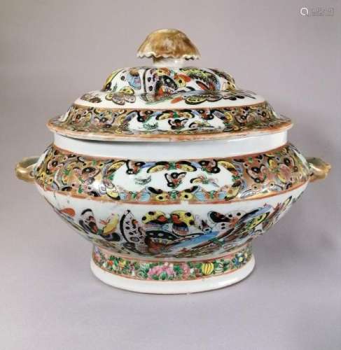 LARGE CHINESE C1860 FAMILLE ROSE BUTTERFLIES TURE