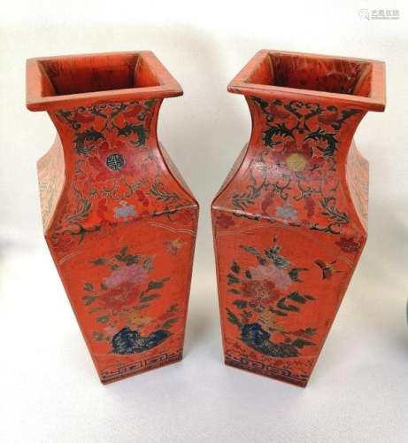 PAIR CHINESE QING DYNASTY LACQUER QUARTET VASES