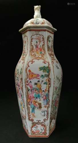 Chinese Qian Long rose famille hexagonal vase