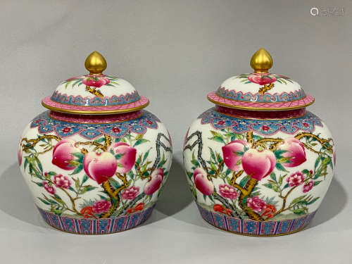 QIANLONG MARK PEACH PAINTING CAPPING CAN IN PAIR