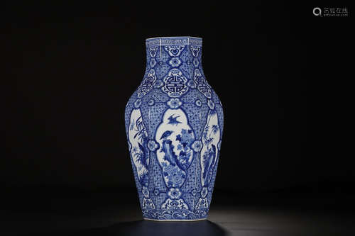 YONGZHENG MARK BLUE WHITE SIX-EDGE VASE