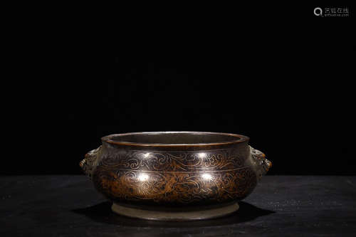 BRONZE SILVER INLAID LION EAR CENSER