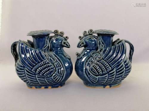 Pair of Chinese bluish glazed candle- holders