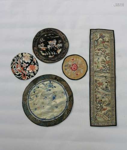 Five pieces Chinese Qing embroidered silk panels