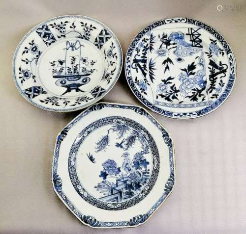 Three Chinese Export 18th c. Blue and White Pla