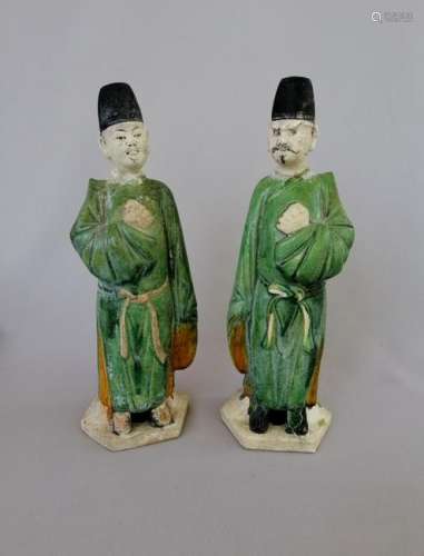 Pair of Ming Dynasty Green Glaze Officer Figures.