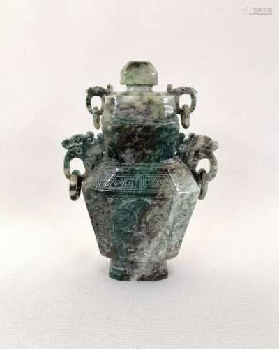 A nice vintage Jade carved hexagonal vase with twd