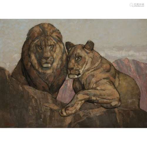 PAUL JOUVE (1878 1973) Lion et lionne Technique mi…