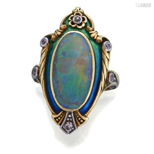 An Art Nouveau opal and enamel ring, Marcus & Co.,