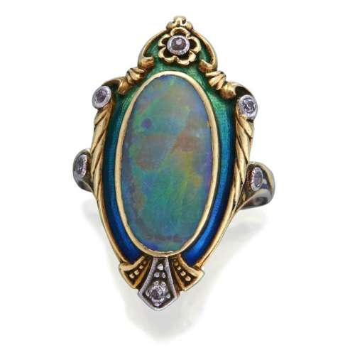An Art Nouveau opal and enamel ring, Marcus & Co.,
