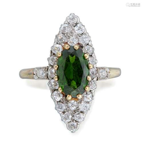 An antique demantoid garnet and diamond ring, circa