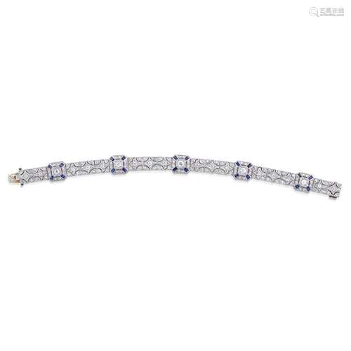 An Art Deco diamond, sapphire, and platinum bracelet,