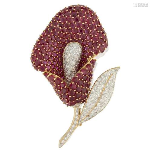 A ruby and diamond brooch,