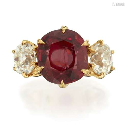 A spinel, diamond, and eighteen karat gold ring,