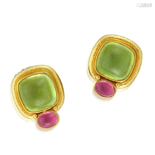 A pair of eighteen karat gold, peridot, and pink