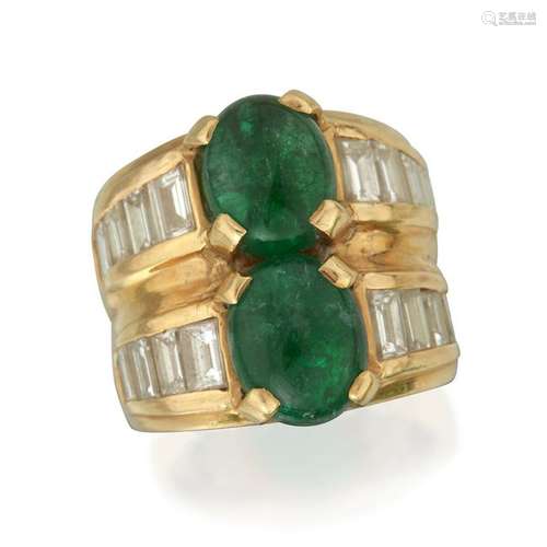 An eighteen karat gold, emerald, and diamond ring,