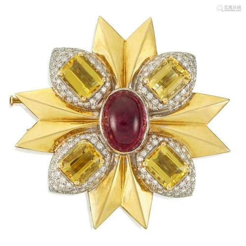 A pink tourmaline and yellow beryl brooch,