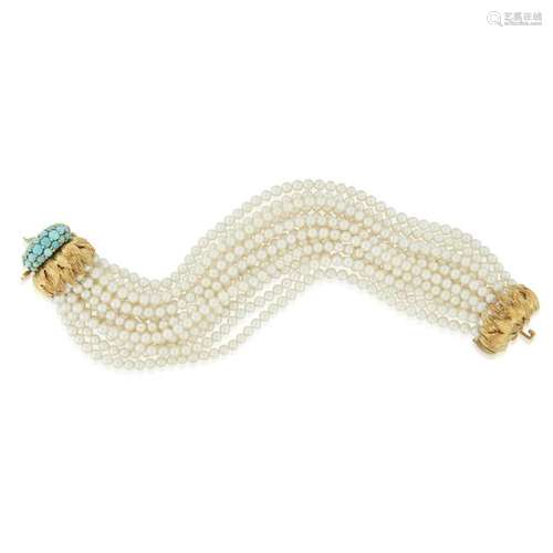 An eighteen karat gold, cultured pearl, and turquoise