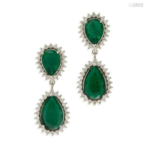 A pair of emerald, diamond, and eighteen karat white