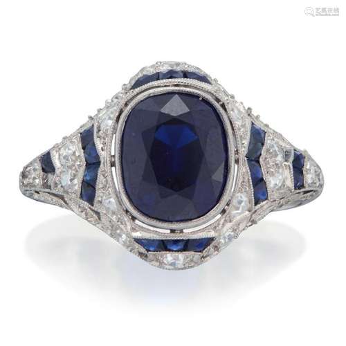 An Art Deco diamond, sapphire, and platinum ring,