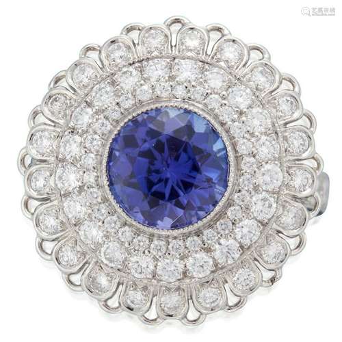 A tanzanite, diamond, and platinum ring,