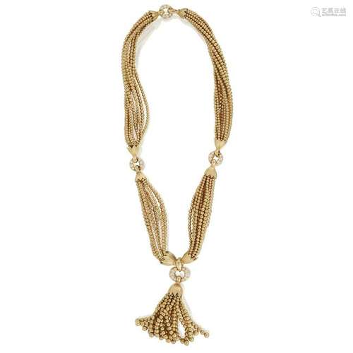 An eighteen karat gold bead and tassel necklace, Van