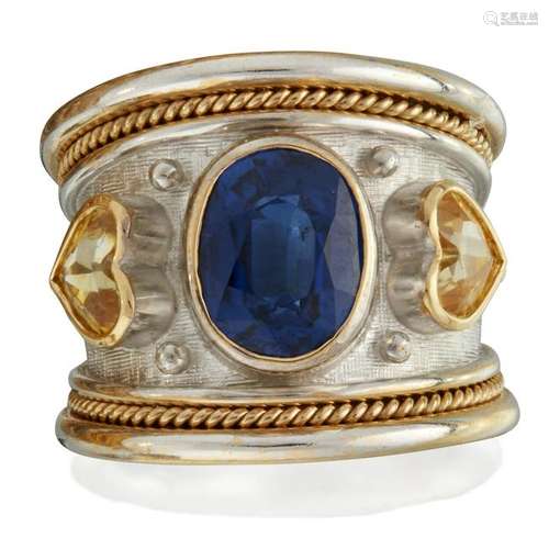 A yellow and blue sapphire and two-tone eighteen karat