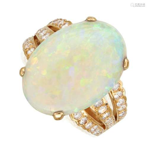 An opal, diamond, and eighteen karat gold ring,