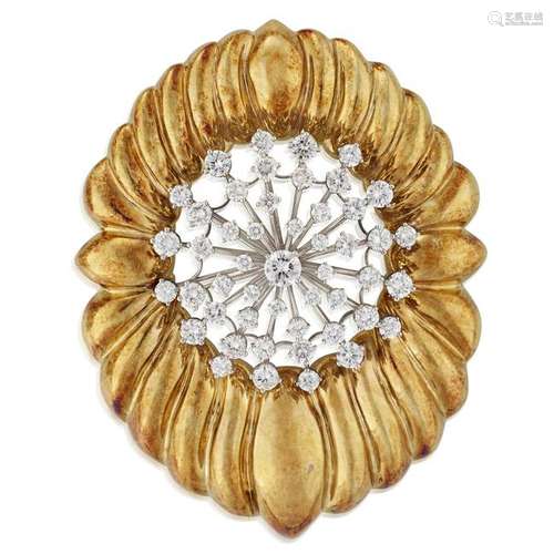 A fourteen karat gold and diamond pendant brooch,