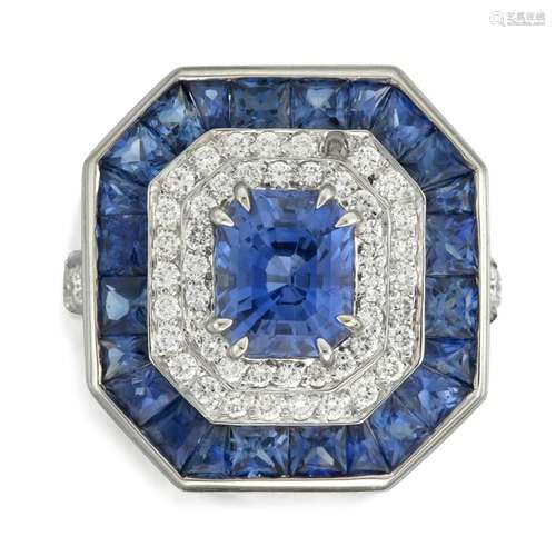 A sapphire, diamond, and platinum ring,