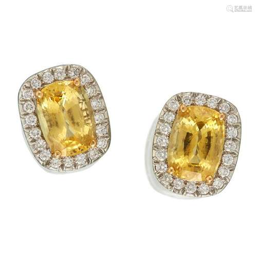 A pair of yellow sapphire, diamond, eighteen karat