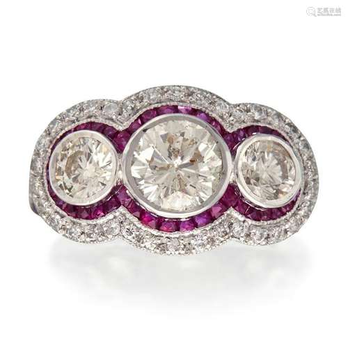 A diamond, ruby, and platinum ring,