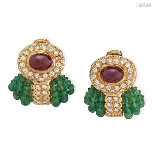 A pair of eighteen karat gold, emerald, ruby, and