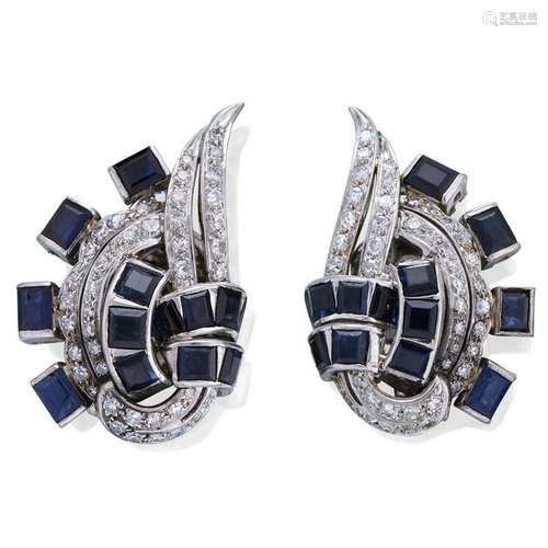 A pair of platinum, sapphire, and diamond earrings,