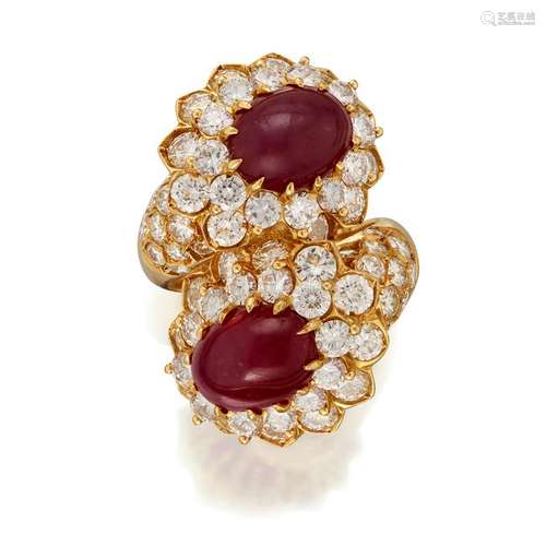 An eighteen karat gold, ruby, and diamond ring,