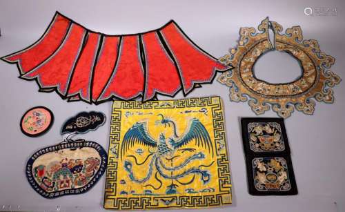 7 Antique Chinese Embroideries Gold Collar Pockets