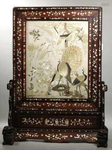 Chinese 19 C Hardwood & Embroidery Table Screen