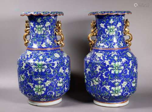 Pair Chinese 19 C Blue Enameled Porcelain Vases