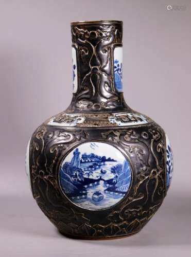Chinese 19 C Blue & White & Black Porcelain Vase