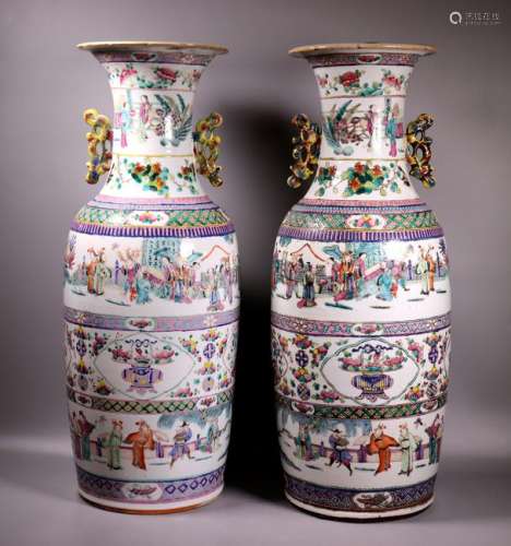 Pr Large Chinese Enameled Porcelain Vases