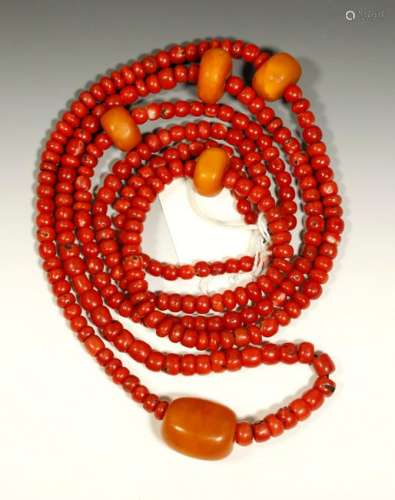 Tibetan Coral & Butterscotch Amber Beads; 110.9G
