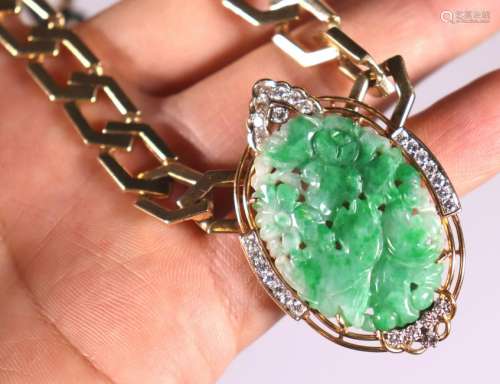 Chinese Natural Green Jadeite & 14K Necklace; 84G