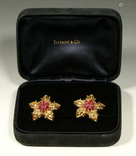 Vintage Tiffany & Co Ruby 18K Flower Earrings; Box