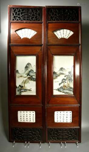 Pr Chinese Wood Panels 6 Enamel Porcelain Plaques