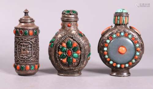 3 Tibetan Silver 19 C Snuff Bottles with Jewels