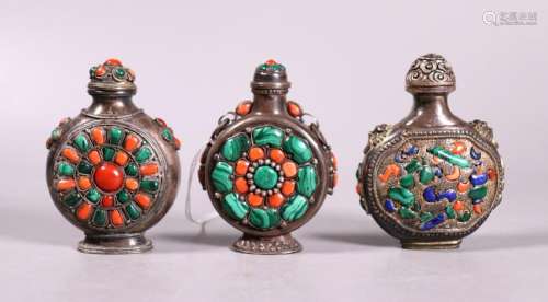 3 Fine Tibetan Silver 19 C Jeweled Snuff Bottles