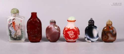 6 Chinese Snuff Bottles, Agate, Glass, Amber