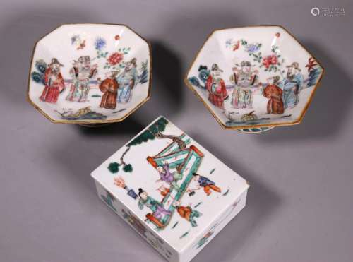 3 Chinese Qing Enameled Porcelains; 2 Plates & Box