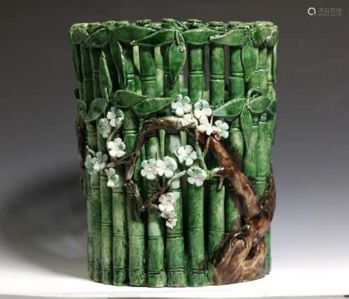 Chinese Qing Enamel on Biscuit Porcelain Brush Pot