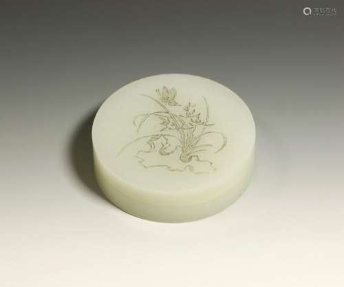 Chinese Qing Incised White Jade Round Box & Cover